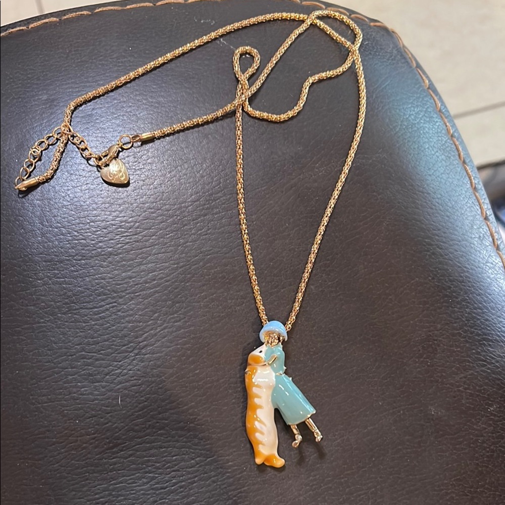 RARE Betsy Johnson Lady with Dog Elegant Gold and Blue Pendant Necklace
